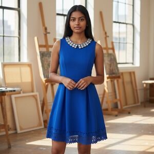 Monteau Girl Fit & Flare Dress 10 M Royal Blue Excellent Embellished Laser Cut